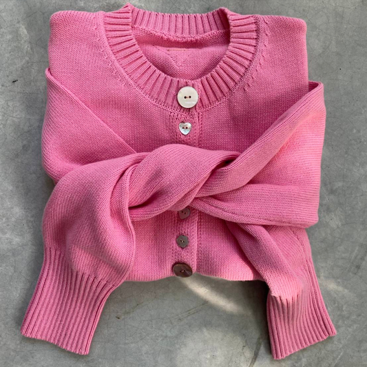 Annabeth Knit Cardigan, Long Sleeve Cardigan, Front Buttons Covered with Fabric. Adds Elegance, Closed Neck, Good Length, Soft Woven Fabric, Good Ventilation.