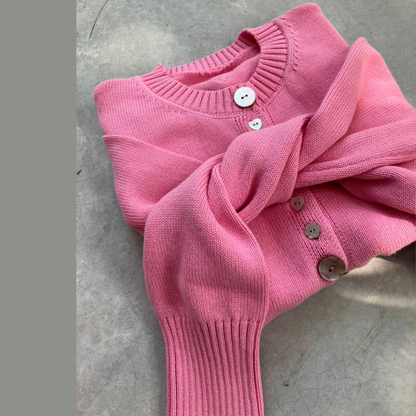Annabeth Knit Cardigan, Long Sleeve Cardigan, Front Buttons Covered with Fabric. Adds Elegance, Closed Neck, Good Length, Soft Woven Fabric, Good Ventilation.