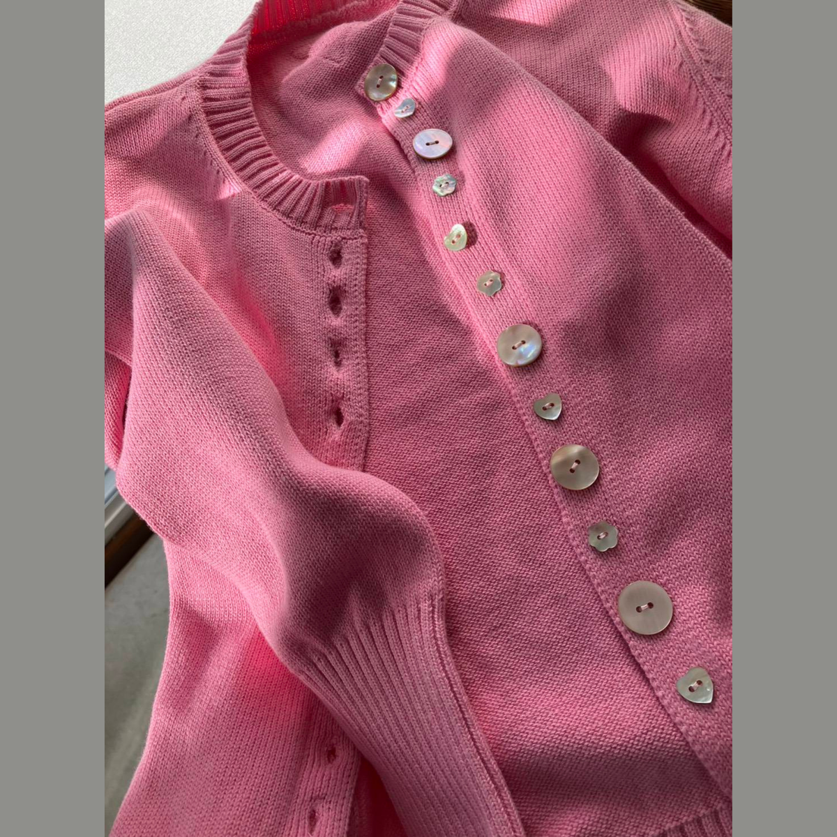 Annabeth Knit Cardigan, Long Sleeve Cardigan, Front Buttons Covered with Fabric. Adds Elegance, Closed Neck, Good Length, Soft Woven Fabric, Good Ventilation.