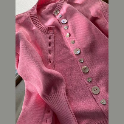 Annabeth Knit Cardigan, Long Sleeve Cardigan, Front Buttons Covered with Fabric. Adds Elegance, Closed Neck, Good Length, Soft Woven Fabric, Good Ventilation.