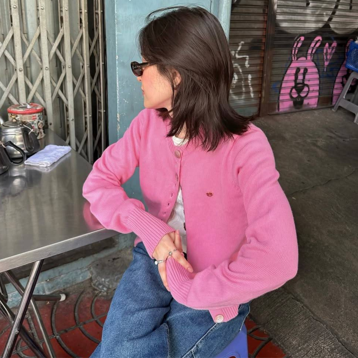 Annabeth Knit Cardigan, Long Sleeve Cardigan, Front Buttons Covered with Fabric. Adds Elegance, Closed Neck, Good Length, Soft Woven Fabric, Good Ventilation.