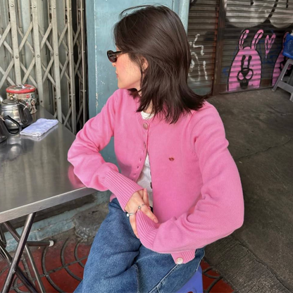 Annabeth Knit Cardigan, Long Sleeve Cardigan, Front Buttons Covered with Fabric. Adds Elegance, Closed Neck, Good Length, Soft Woven Fabric, Good Ventilation.