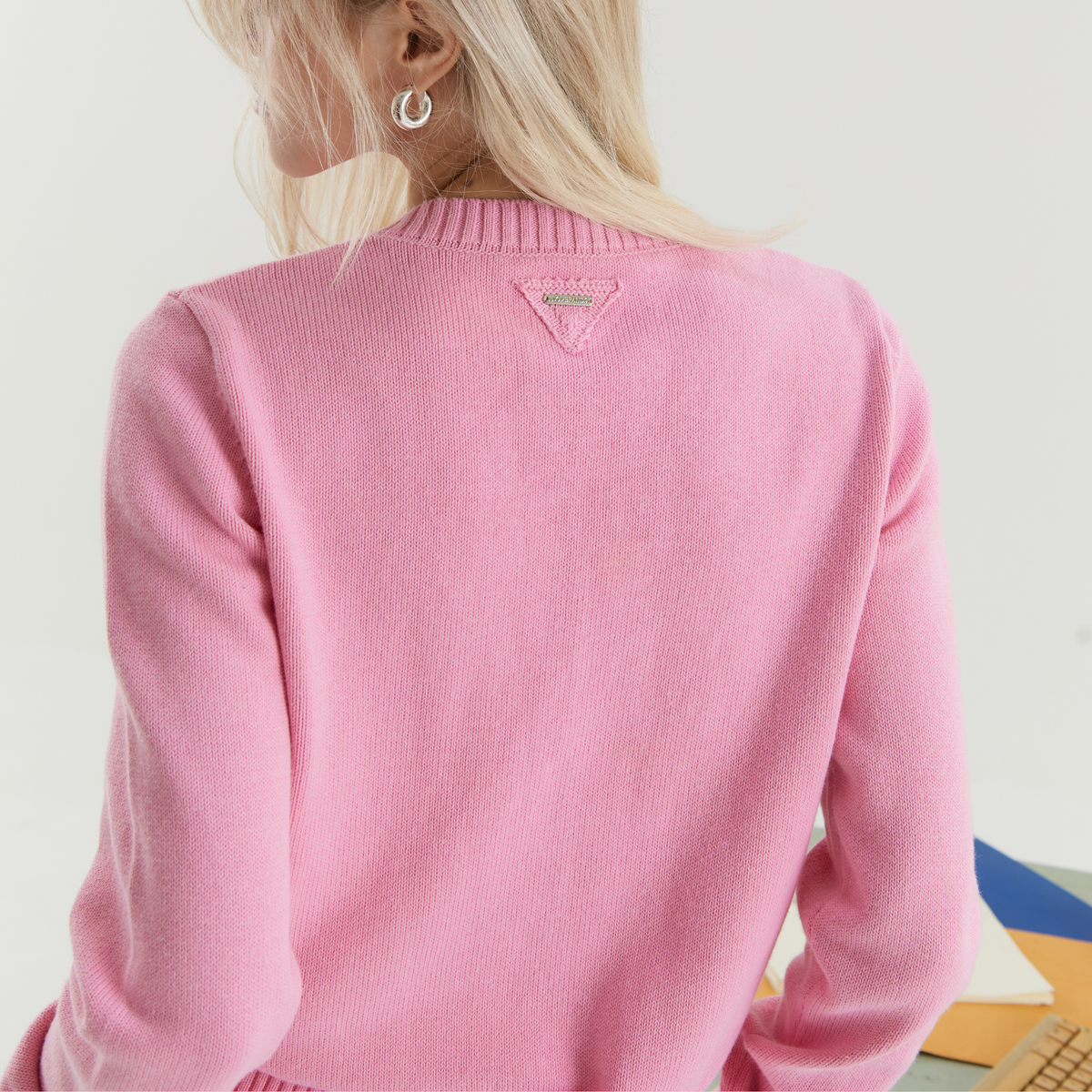 Annabeth Knit Cardigan, Long Sleeve Cardigan, Front Buttons Covered with Fabric. Adds Elegance, Closed Neck, Good Length, Soft Woven Fabric, Good Ventilation.