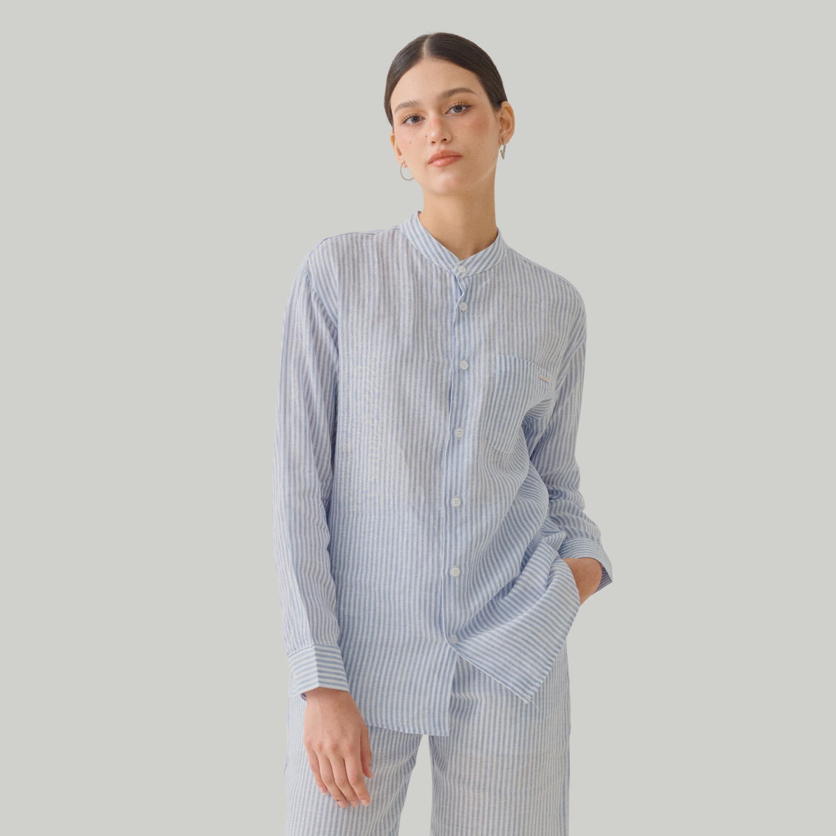 TL0004 Long-Sleeved Shirt with Chinese Collar, 100% Pure Linen, Mandarin Collar, Unisex.