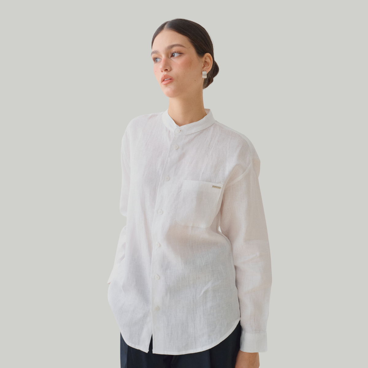 TL0004 Long-Sleeved Shirt with Chinese Collar, 100% Pure Linen, Mandarin Collar, Unisex.