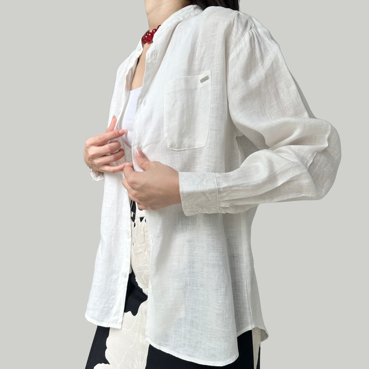 TL0004 Long-Sleeved Shirt with Chinese Collar, 100% Pure Linen, Mandarin Collar, Unisex.