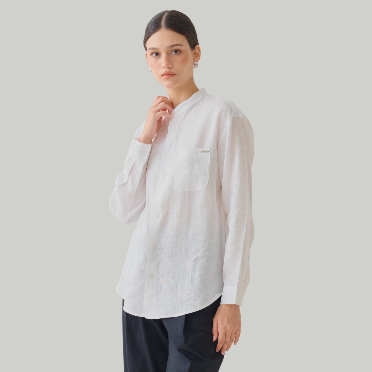 TL0004 Long-Sleeved Shirt with Chinese Collar, 100% Pure Linen, Mandarin Collar, Unisex.